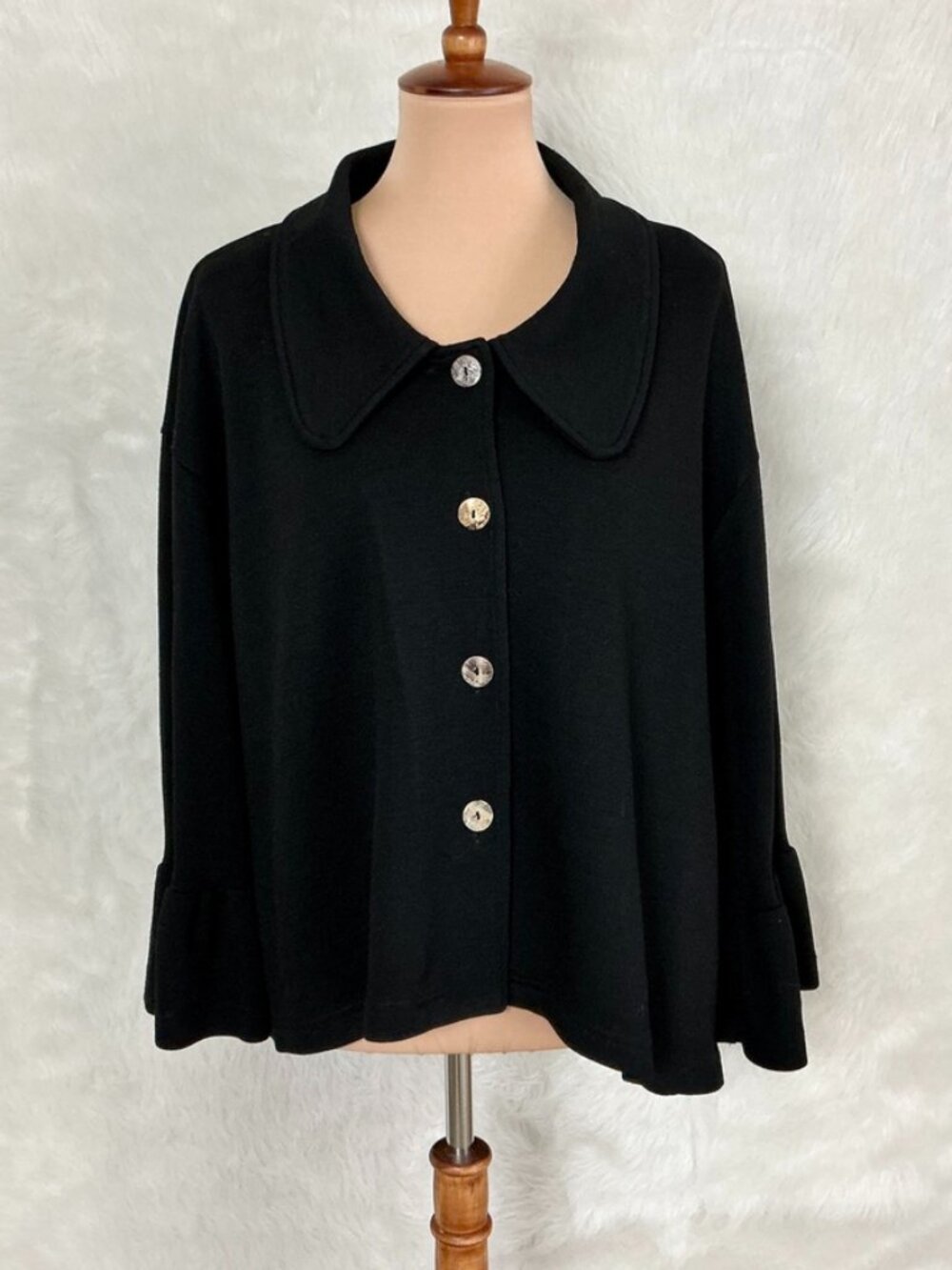 Bryn Walker Black 100% Wool Ruffle Sleeve Button Cardigan Sweater Top L